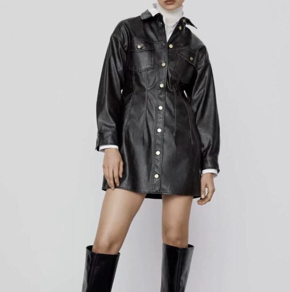 NEW ZARA Dark Brown Faux Leather Button Mini Dress Medium